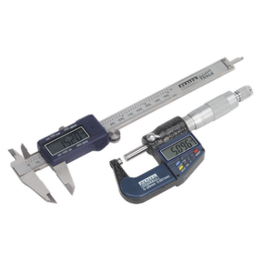 Image of the Sealey Digital Measuring Set 2pc (AK9637D), featuring a digital vernier caliper and a digital micrometer, both with clear LCD readouts. The digital vernier caliper shows 15.20 mm, while the micrometer displays 5.096 mm.