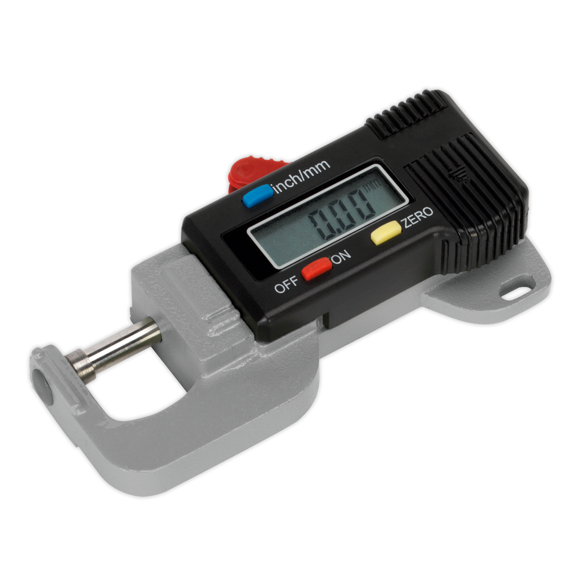 The Sealey Digital External Micrometer 0-12.7mm (0-0.5") - AK9638D features an LCD digital display, measurement mode buttons for both Metric and Imperial units, and a metallic measuring jaw.