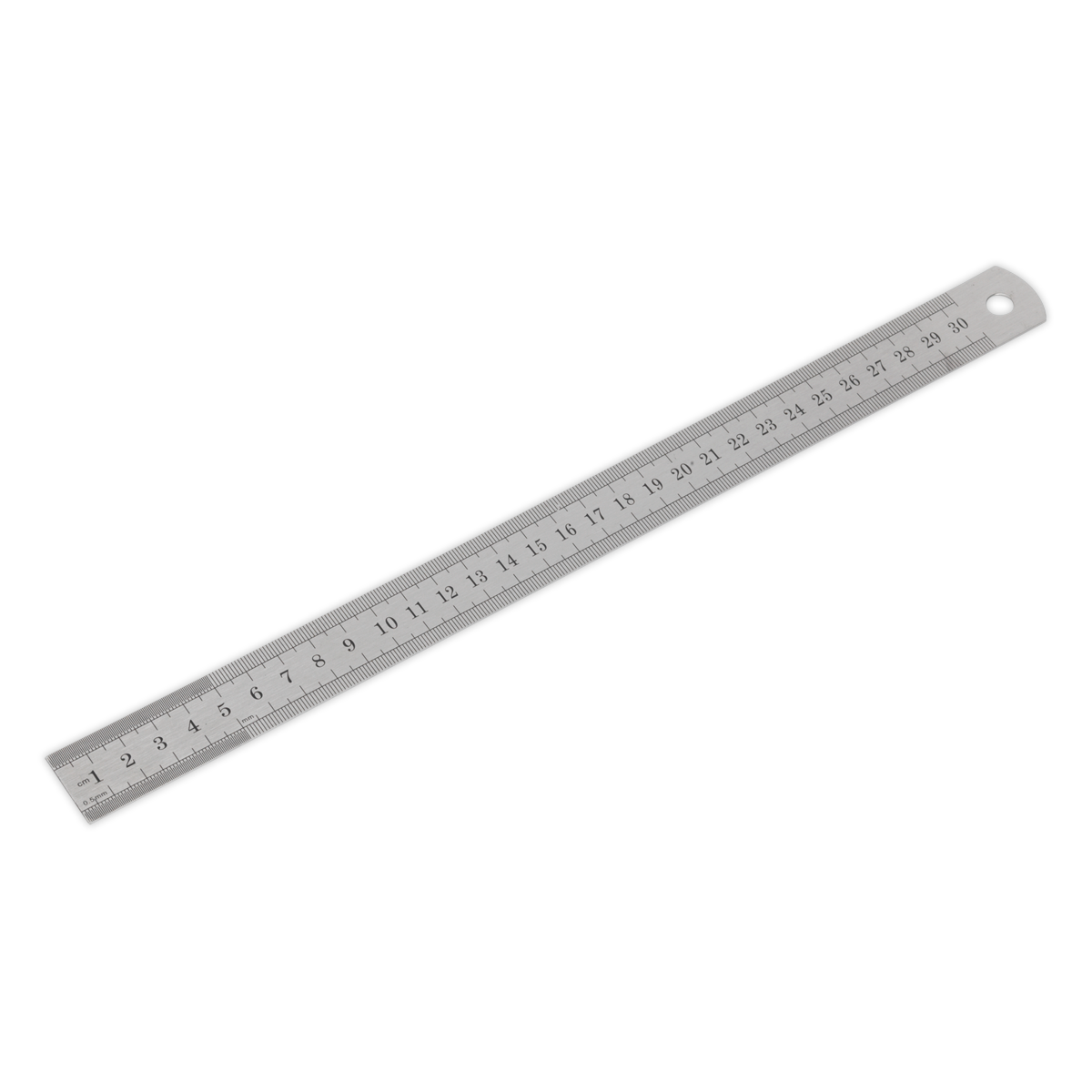 The Sealey Steel Rule 300mm/12" - AK9641 is a high-quality silver metal ruler featuring measurement markings from 1 to 30, with both metric and imperial graduations. It includes a hole at one end for easy hanging or storage and comes with a lifetime guarantee.