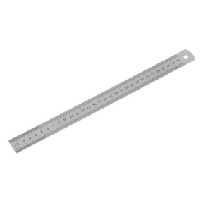 The Sealey Steel Rule 300mm/12" - AK9641 is a high-quality silver metal ruler featuring measurement markings from 1 to 30, with both metric and imperial graduations. It includes a hole at one end for easy hanging or storage and comes with a lifetime guarantee.