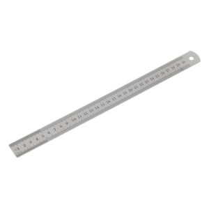 The Sealey Steel Rule 300mm/12" - AK9641 is a high-quality silver metal ruler featuring measurement markings from 1 to 30, with both metric and imperial graduations. It includes a hole at one end for easy hanging or storage and comes with a lifetime guarantee.