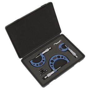 A Sealey Micrometer Set 3pc Metric (AK9651M) in black includes three blue and silver micrometers of different sizes, organized in foam cutouts with a small wrench, gauge, and calibrated extension bars.