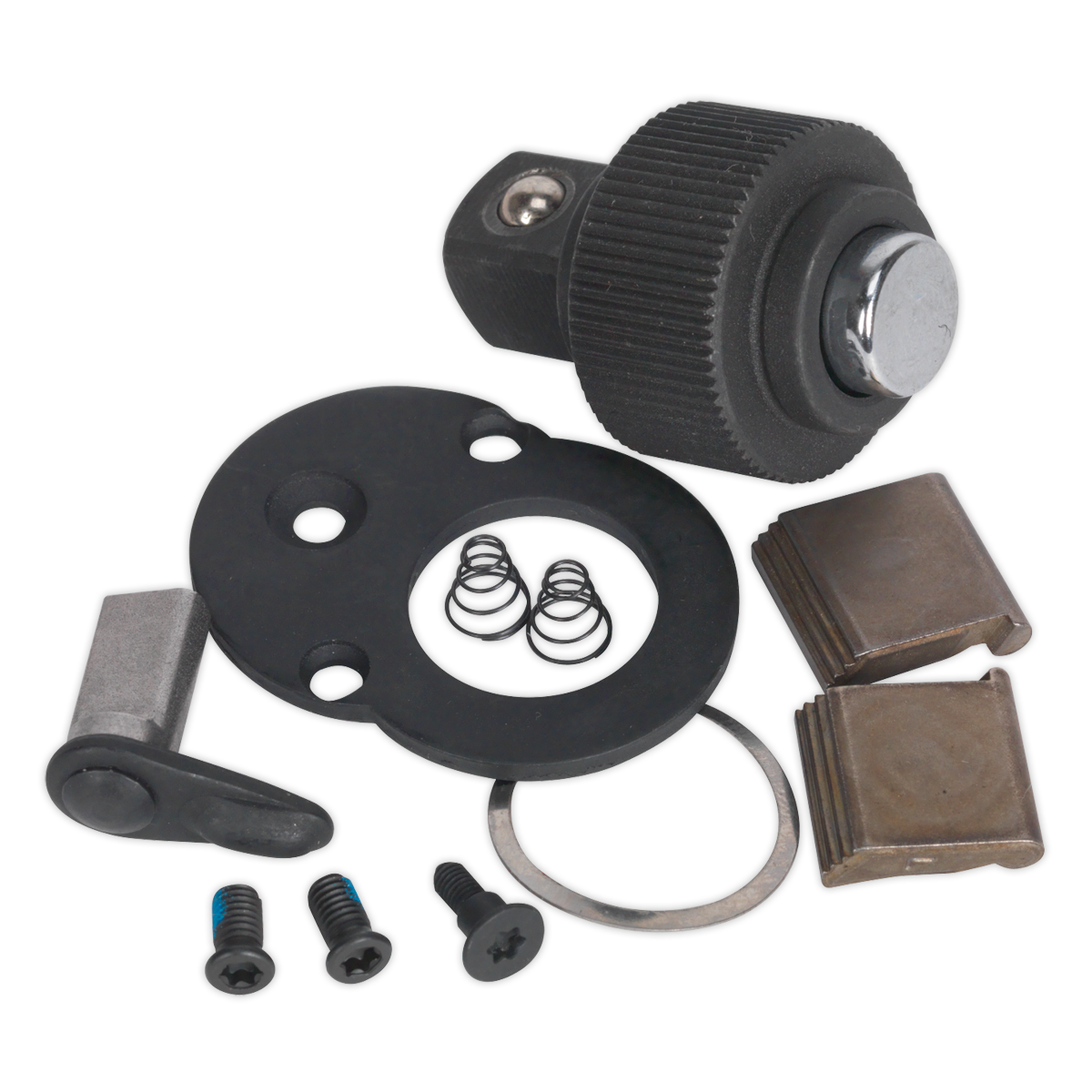 A Sealey Repair Kit for AK967 3/8" Square Drive (model AK967.V3.RK) includes various components like a cylindrical lock, two metal plates, washers, springs, a lever, and screws, making it perfect for professional use.