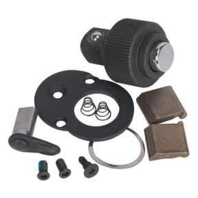 A Sealey Repair Kit for AK967 3/8" Square Drive (model AK967.V3.RK) includes various components like a cylindrical lock, two metal plates, washers, springs, a lever, and screws, making it perfect for professional use.
