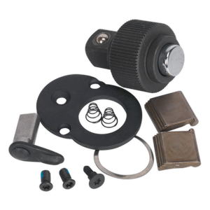 A Sealey Repair Kit for AK967 3/8" Square Drive (model AK967.V3.RK) includes various components like a cylindrical lock, two metal plates, washers, springs, a lever, and screws, making it perfect for professional use.