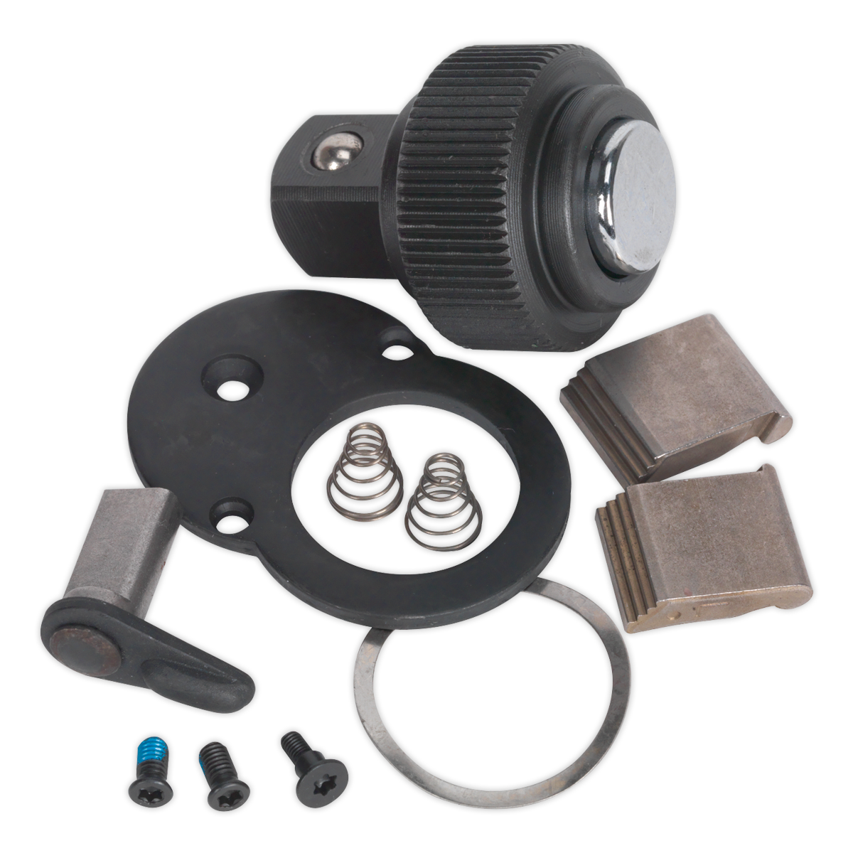 A Sealey Repair Kit for AK968 1/2"Sq Drive (AK968.V3.RK) includes a black knob, mounting plate, two springs, two metal brackets, a small lever, and four screws.