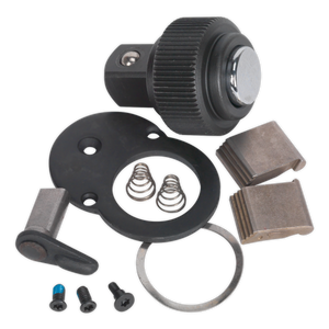 A Sealey Repair Kit for AK968 1/2"Sq Drive (AK968.V3.RK) includes a black knob, mounting plate, two springs, two metal brackets, a small lever, and four screws.