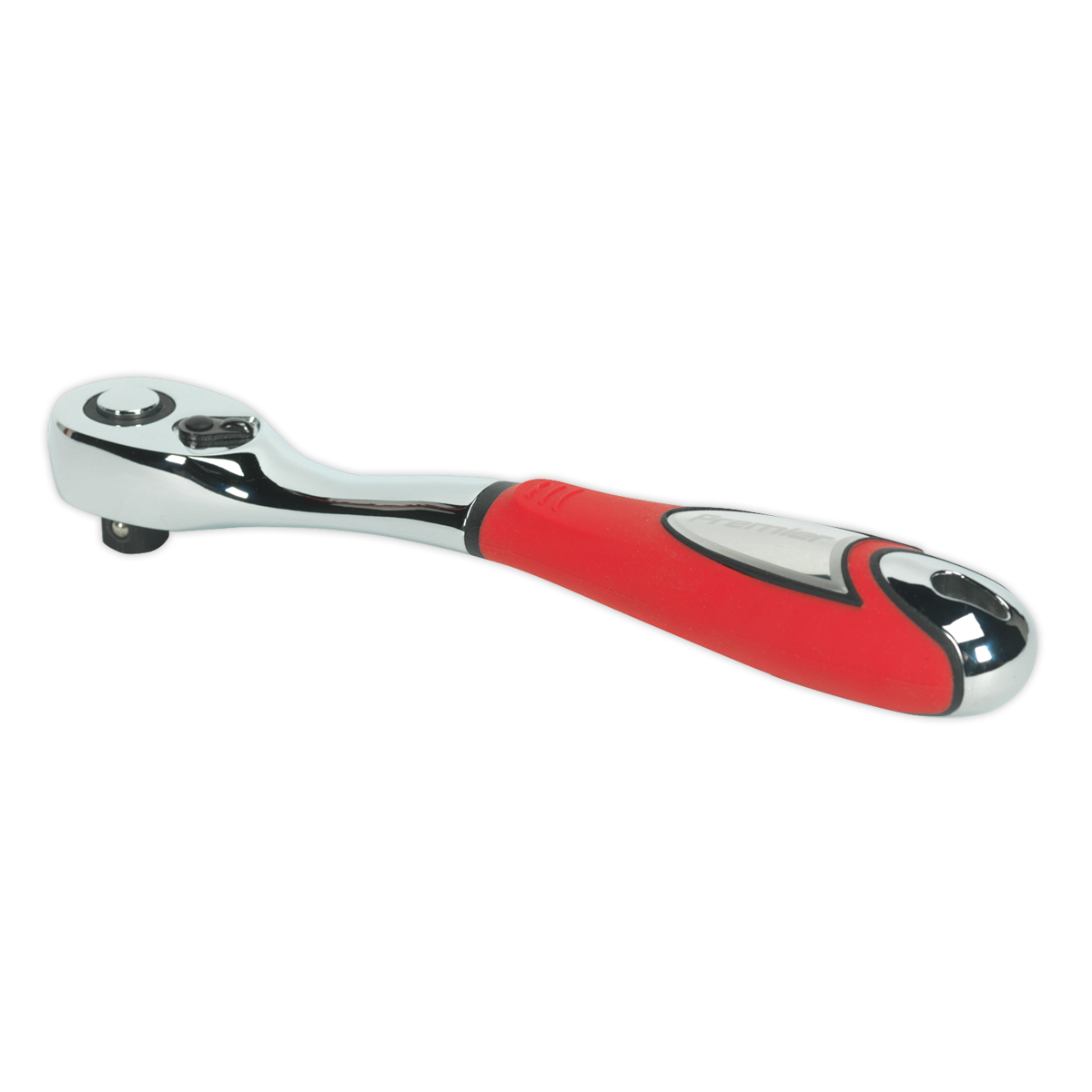 A high-quality Ratchet Wrench Offset 1/2"Sq Drive - AK968 by Sealey, crafted from premium chrome vanadium steel and featuring a red, ergonomic handle, displayed against a white background.