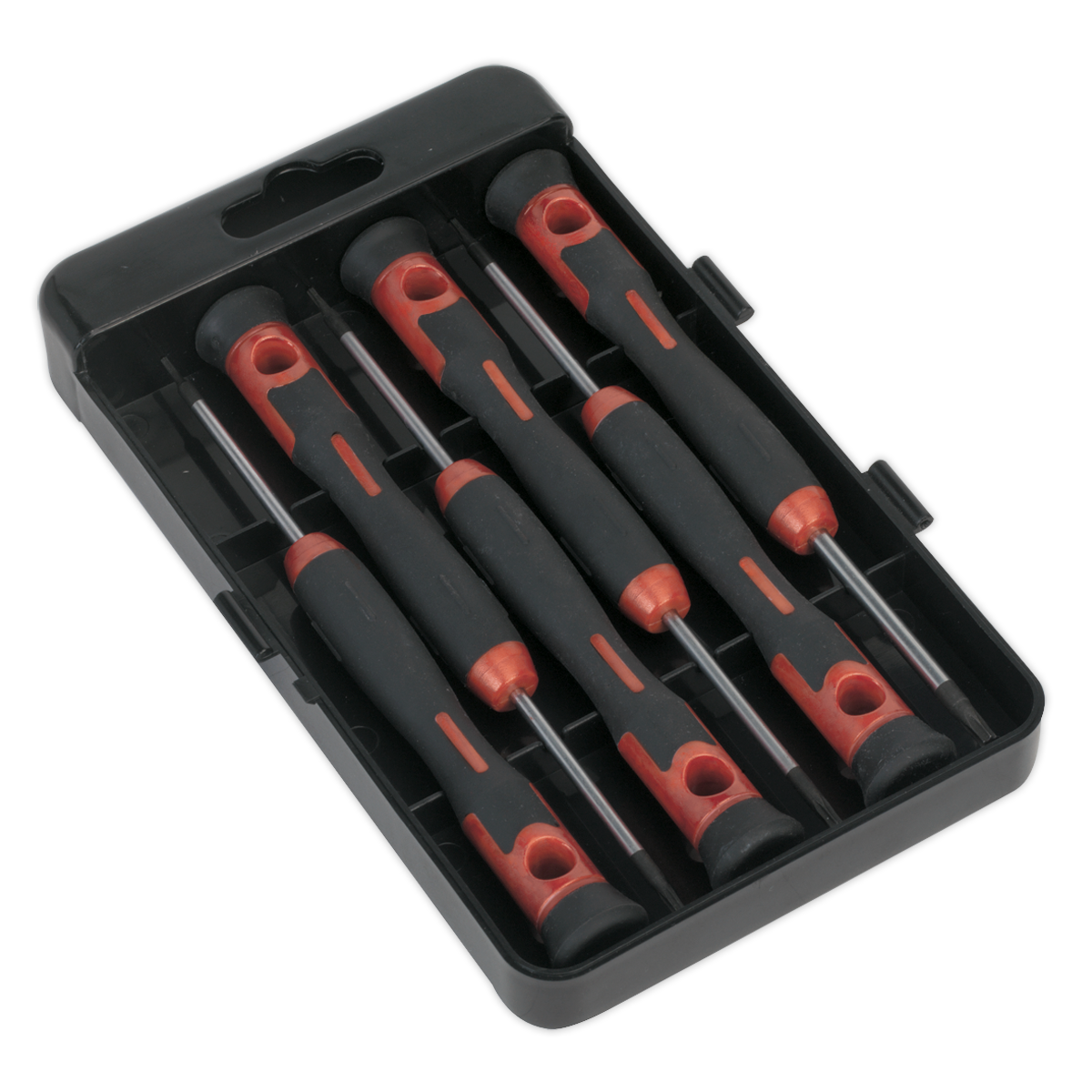 A black plastic case containing six Sealey Precision Security TRX-Star* screwdrivers with black handles and red accents, designed for professional use and crafted from durable Chrome Molybdenum steel.