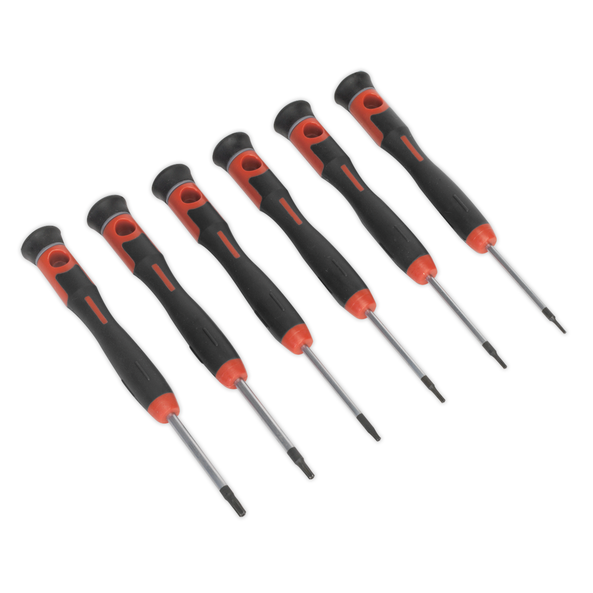 Six black and red precision screwdrivers, part of the Precision Security TRX-Star* Driver Set 6pc - AK97304 by Sealey and crafted from Chrome Molybdenum steel for professional use, are arranged in a diagonal line on a white background.