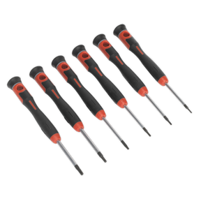 Six black and red precision screwdrivers, part of the Precision Security TRX-Star* Driver Set 6pc - AK97304 by Sealey and crafted from Chrome Molybdenum steel for professional use, are arranged in a diagonal line on a white background.