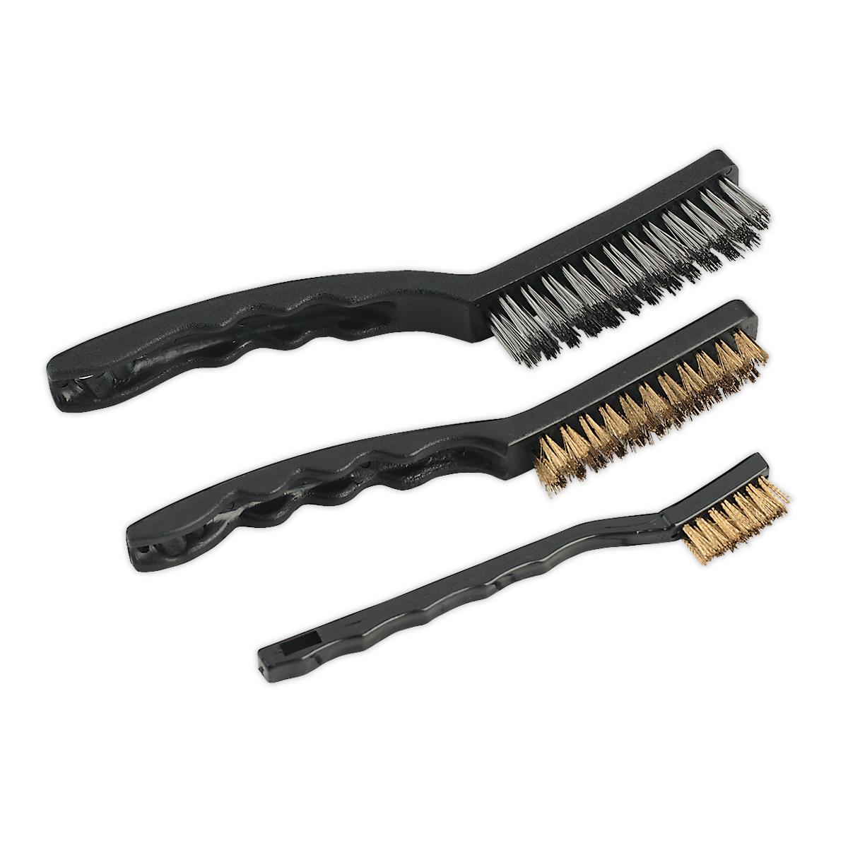 Displayed side by side are three wire brushes from the Sealey Wire Brush Set Auto Engineer's 3pc - AK9801, each featuring composite handles and different bristle materials: one with steel-filled bristles, one with brass-filled bristles, and another with nylon bristles.