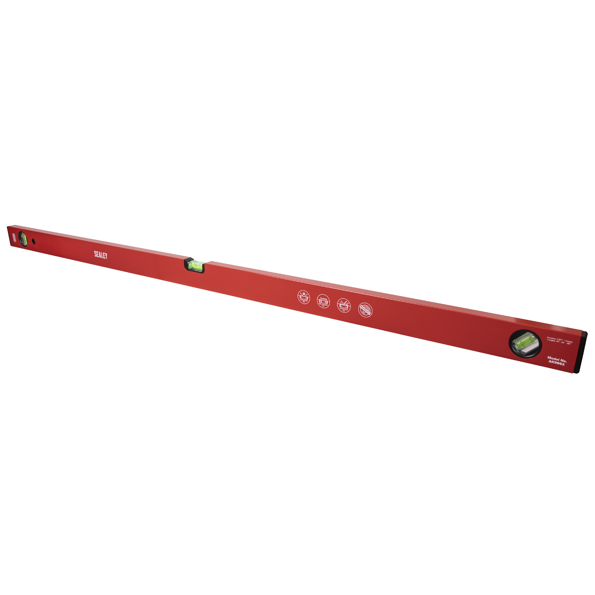 The Spirit Level 1200mm - AK9862 by Sealey is a red aluminum box section level equipped with two leveling vials and features Sealey branding on its side, offering excellent corrosion resistance.