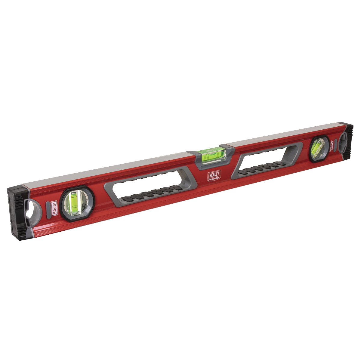 The Sealey Spirit Level 600mm - AK9866 is a red and black tool that features an aluminium box beam design, two handles, and three shockproof bubble vials for precise horizontal and vertical measurements.