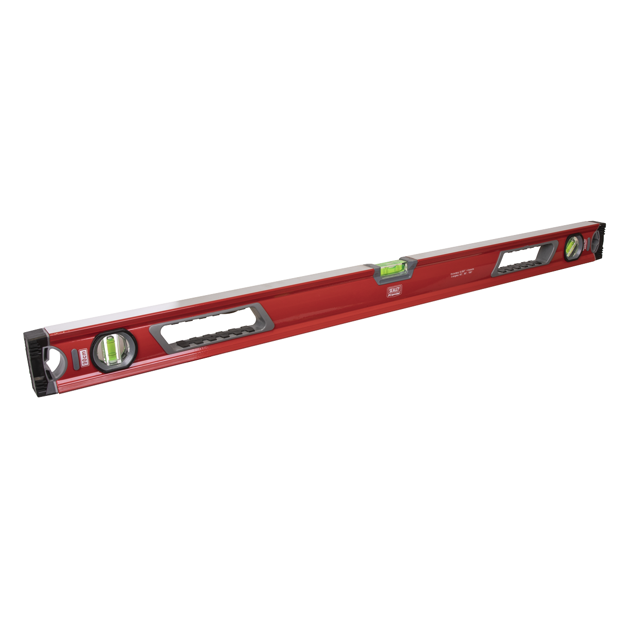 A Sealey Spirit Level 900mm - AK9867 in red, featuring aluminium construction, two handles, and UV-resistant vials is shown.