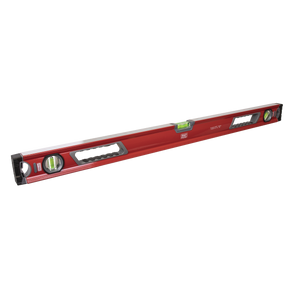 A Sealey Spirit Level 900mm - AK9867 in red, featuring aluminium construction, two handles, and UV-resistant vials is shown.