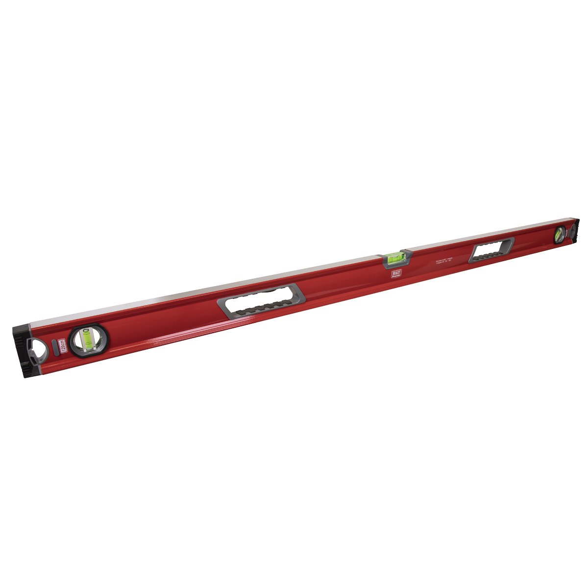 The Spirit Level 1200mm - AK9868 from Sealey is a red, handheld tool featuring three UV resistant vials and black end caps. It is designed with two handles for grip and its aluminum box beam construction provides added durability.