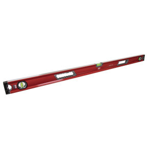 The Spirit Level 1200mm - AK9868 from Sealey is a red, handheld tool featuring three UV resistant vials and black end caps. It is designed with two handles for grip and its aluminum box beam construction provides added durability.