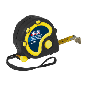 Introducing the Sealey Rubber Tape Measure 5m(16ft) x 19mm - Metric/Imperial (AK989), a robust and reliable tape measure in black and yellow. It comes with a partially extended metal tape, a convenient wrist strap, a durable steel blade, and boasts a lifetime guarantee.