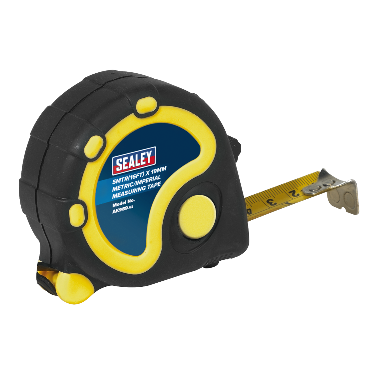 A rubber tape measure, model AK989, branded with "Sealey," features a black and yellow design. Its steel blade is extended slightly, displaying measurements in both metric (5 meters) and imperial (16 feet) units. As part of our premium hand tools range, it comes with a lifetime guarantee.