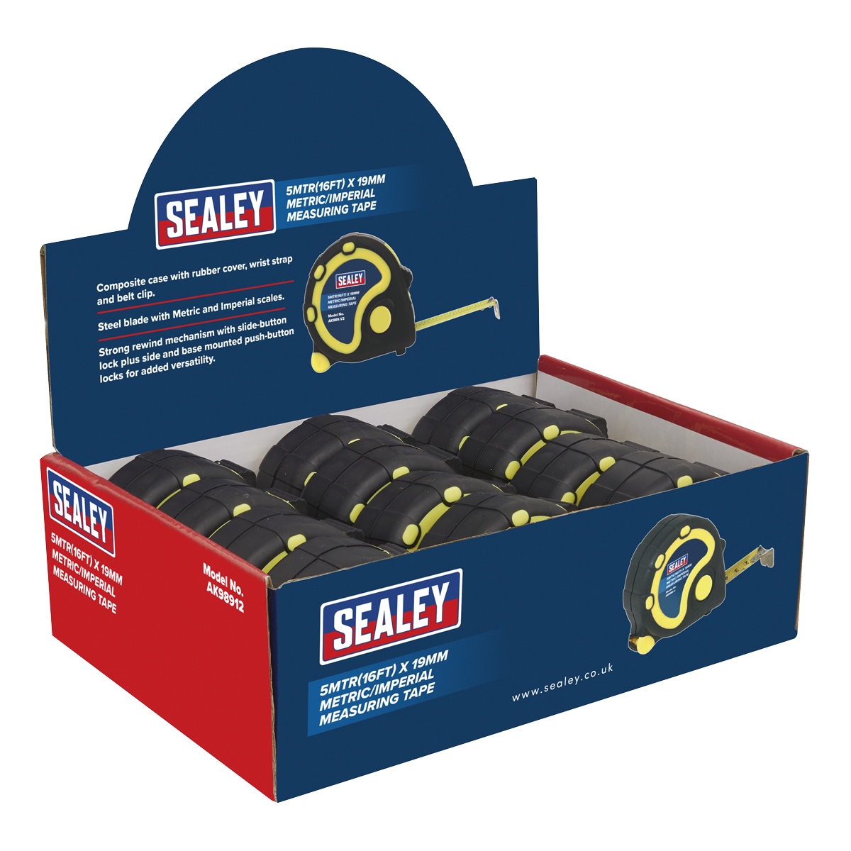 Display box containing 12 Sealey Rubber Tape Measures, each measuring 5 meters (16 feet) by 19 millimeters with both metric and imperial scales. The blue box features Sealey branding and product information, and each tape includes a durable steel blade.