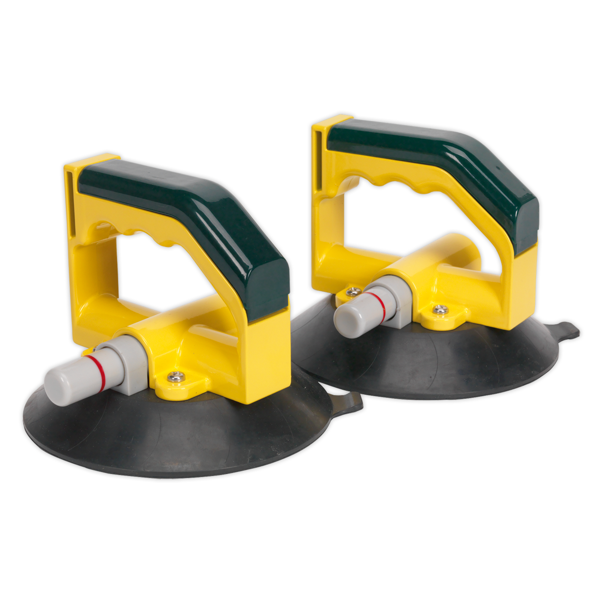 Two Sealey Vacuum Suction Cup 150mm - Pair (AK98943) in yellow and black, featuring twin profiled rubber suction cups and ergonomic handles, designed for safe windscreen installation and glass transportation.