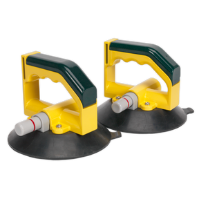 Two Sealey Vacuum Suction Cup 150mm - Pair (AK98943) in yellow and black, featuring twin profiled rubber suction cups and ergonomic handles, designed for safe windscreen installation and glass transportation.