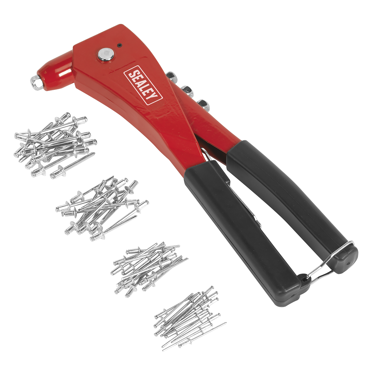 A "Sealey" Hand Riveter Kit - AK99, featuring a red and black tool, is displayed with piles of aluminum rivets and silver chrome steel jaws arranged beside it.