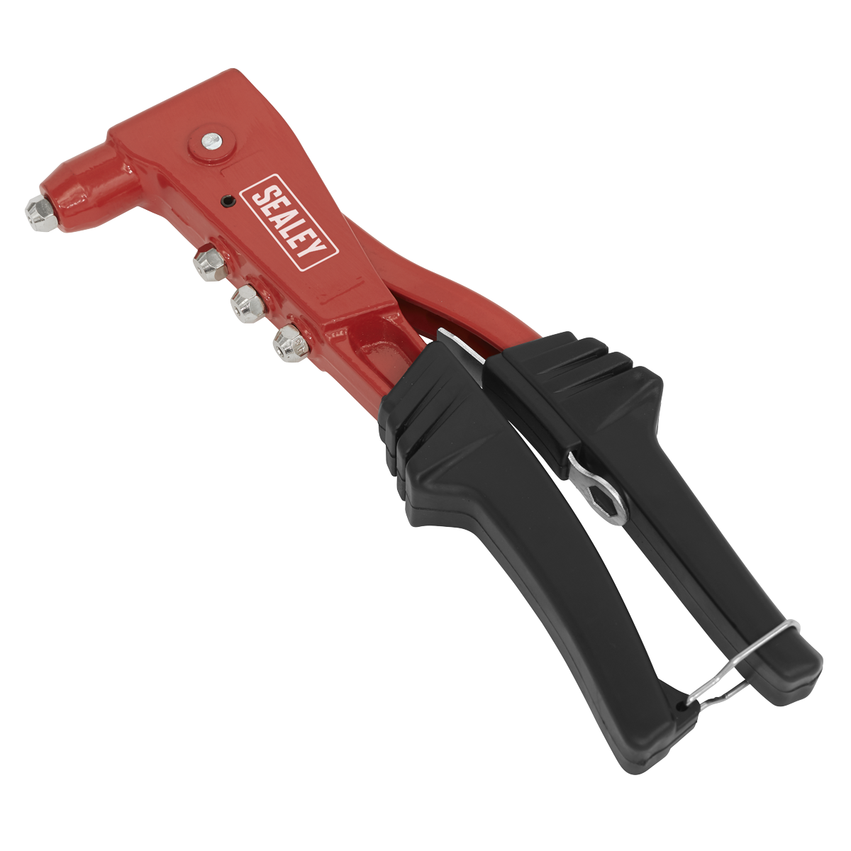 The Sealey Riveter Heavy-Duty - AK992 is a hand-held rivet gun with a red and black design, featuring an aluminium die-cast body and the brand name "Sealey" on the side.