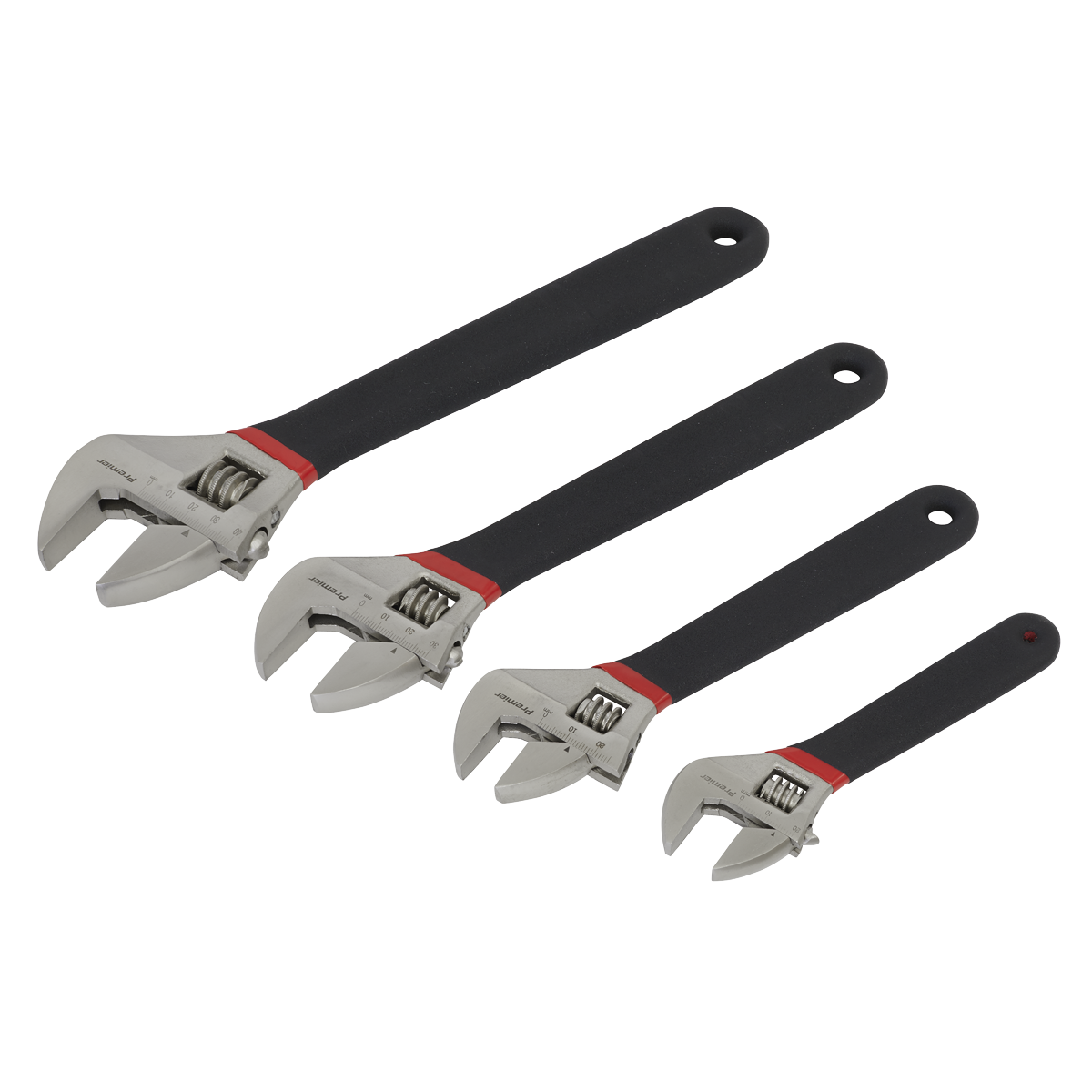 Four adjustable wrenches of varying sizes arranged in a row from largest to smallest. Crafted from high-grade steel, each wrench features a metal head and a black handle with a hole at the end for hanging, exemplifying the quality of Sealey's Adjustable Wrench Set 4pc Ni-Fe Finish - AK9935.