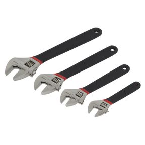 Four adjustable wrenches of varying sizes arranged in a row from largest to smallest. Crafted from high-grade steel, each wrench features a metal head and a black handle with a hole at the end for hanging, exemplifying the quality of Sealey's Adjustable Wrench Set 4pc Ni-Fe Finish - AK9935.