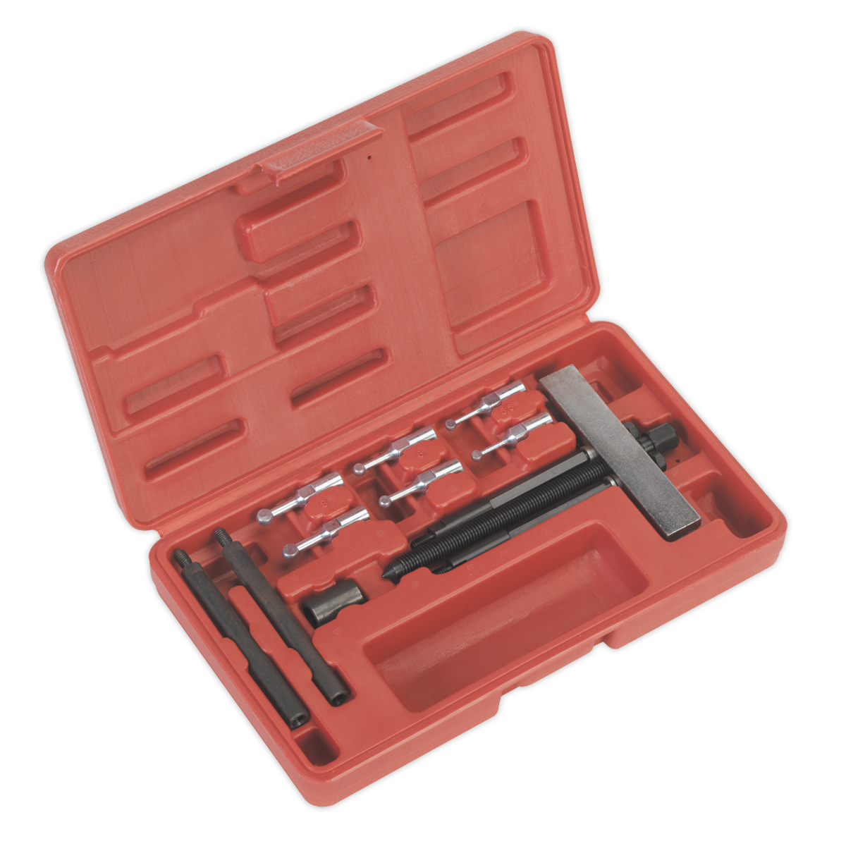 The Sealey Blind Bearing Removal Tool Kit - AK999 is housed in a red plastic case with molded compartments containing various metal tools and attachments designed for specialized blind bearings removal.