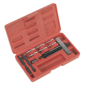 The Sealey Blind Bearing Removal Tool Kit - AK999 is housed in a red plastic case with molded compartments containing various metal tools and attachments designed for specialized blind bearings removal.