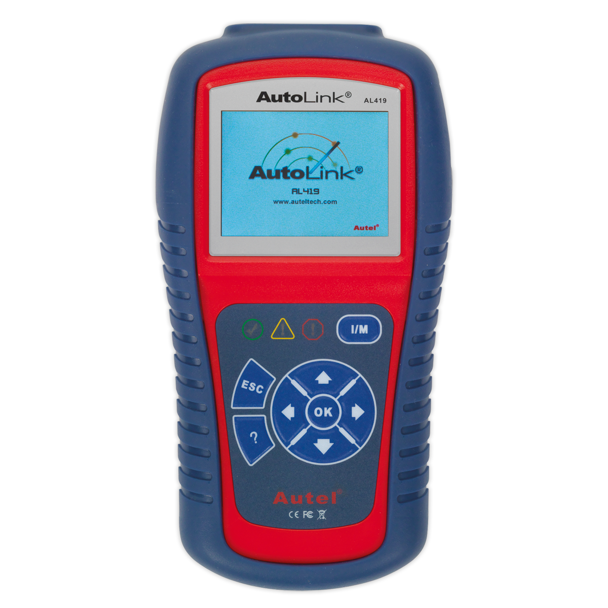 The Sealey Autel EOBD Code Reader - Live Data, Tech Tips - AL419 is a handheld automotive diagnostic tool featuring a screen with the "AutoLink" logo. It is CAN enabled and includes navigation buttons, an I/M Readiness button, all encased in a red and blue design.