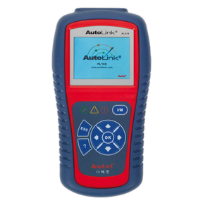 The Sealey Autel EOBD Code Reader - Live Data, Tech Tips - AL419 is a handheld automotive diagnostic tool featuring a screen with the "AutoLink" logo. It is CAN enabled and includes navigation buttons, an I/M Readiness button, all encased in a red and blue design.