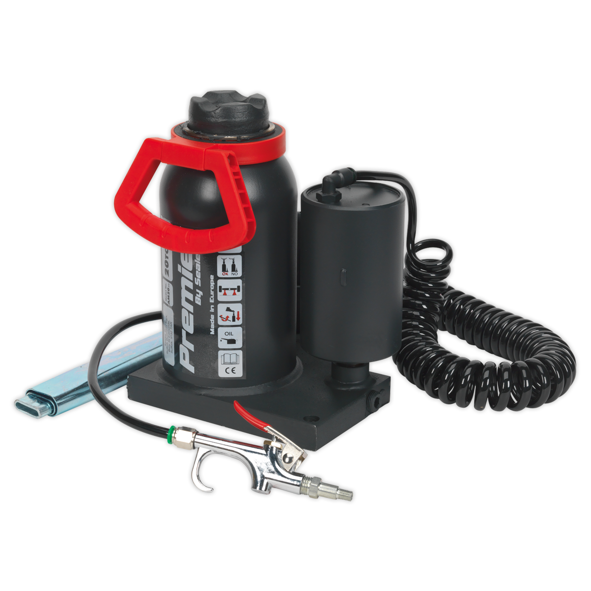 Image of the Sealey Bottle Jack 20 Tonne Manual/Air Hydraulic (AM20) with a hose, nozzle attachment, and an all-steel design.