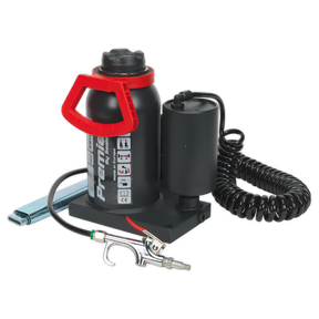 Image of the Sealey Bottle Jack 20 Tonne Manual/Air Hydraulic (AM20) with a hose, nozzle attachment, and an all-steel design.