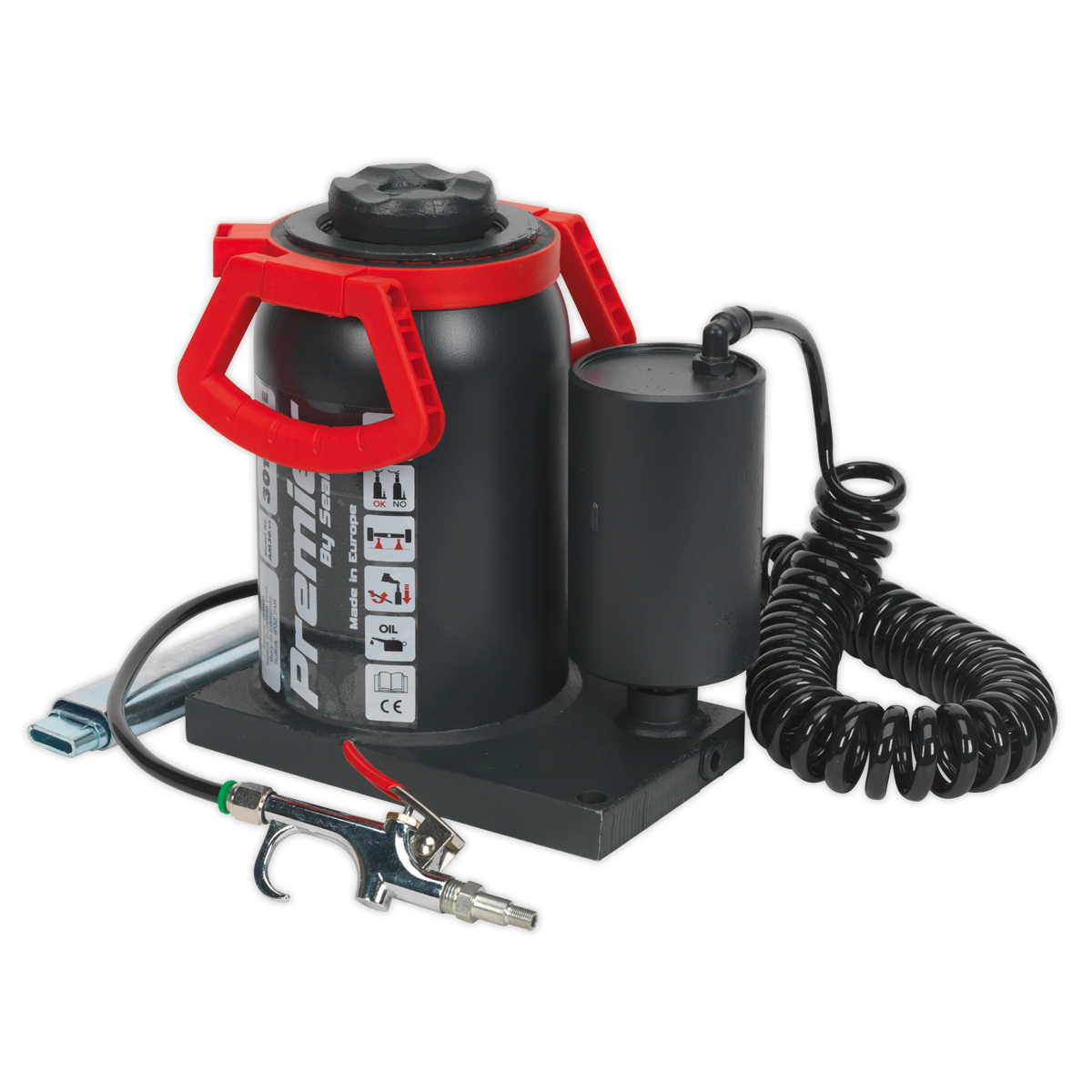 A Sealey AM30 Bottle Jack 30 Tonne Manual/Air Hydraulic in black and red, featuring a coiled hose, attached tool, and a built-in safety overload valve.