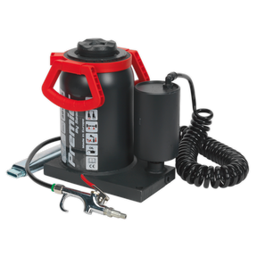 A Sealey AM30 Bottle Jack 30 Tonne Manual/Air Hydraulic in black and red, featuring a coiled hose, attached tool, and a built-in safety overload valve.