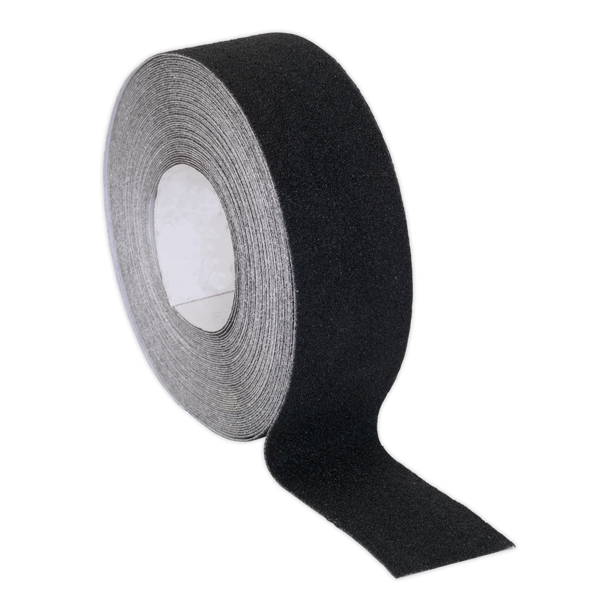 A partially unrolled roll of Sealey Anti-Slip Tape Self-Adhesive Black 50mm x 18m - ANTB18, featuring a textured surface for enhanced grip, displayed on a white background.