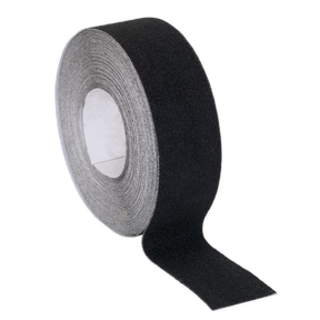 A partially unrolled roll of Sealey Anti-Slip Tape Self-Adhesive Black 50mm x 18m - ANTB18, featuring a textured surface for enhanced grip, displayed on a white background.