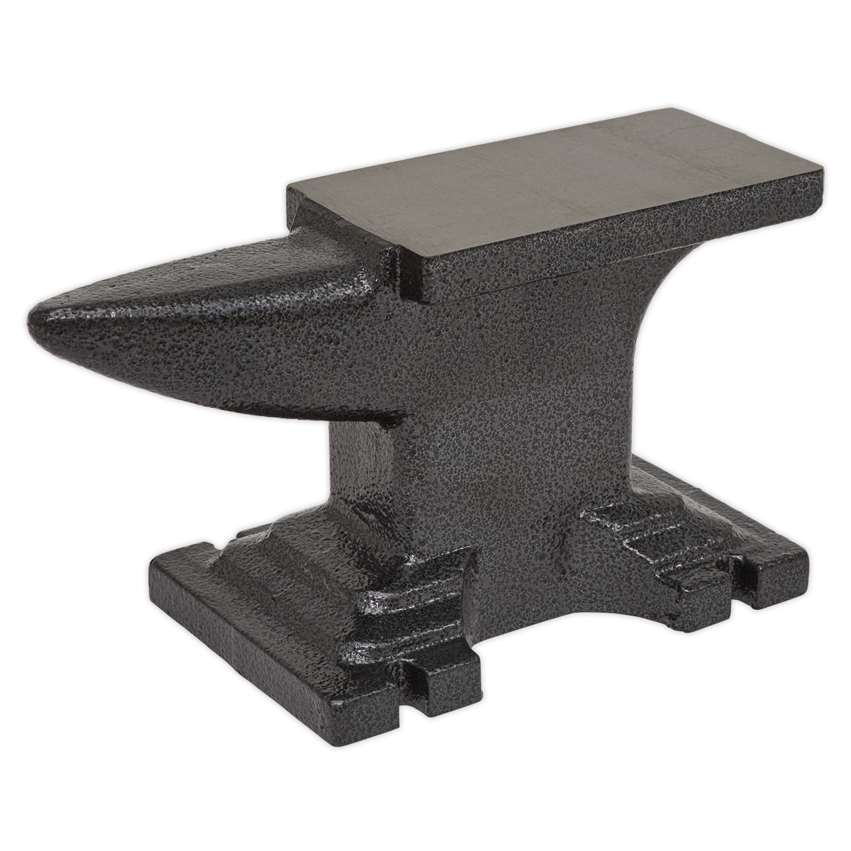 An image of the Sealey Bench Mounting Anvil - ANV5, a black cast iron anvil featuring a flat working surface and a pointed horn on one end, ideal for bench mounting.