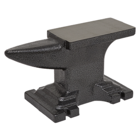 An image of the Sealey Bench Mounting Anvil - ANV5, a black cast iron anvil featuring a flat working surface and a pointed horn on one end, ideal for bench mounting.