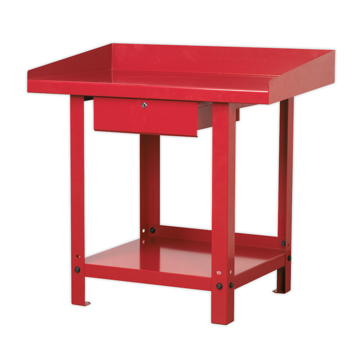 The Sealey Workbench Steel 1m with 1 Drawer - AP1010 is a red metal workshop table featuring a lockable drawer, additional storage, and a lower shelf, providing industrial durability.