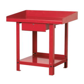 The Sealey Workbench Steel 1m with 1 Drawer - AP1010 is a red metal workshop table featuring a lockable drawer, additional storage, and a lower shelf, providing industrial durability.