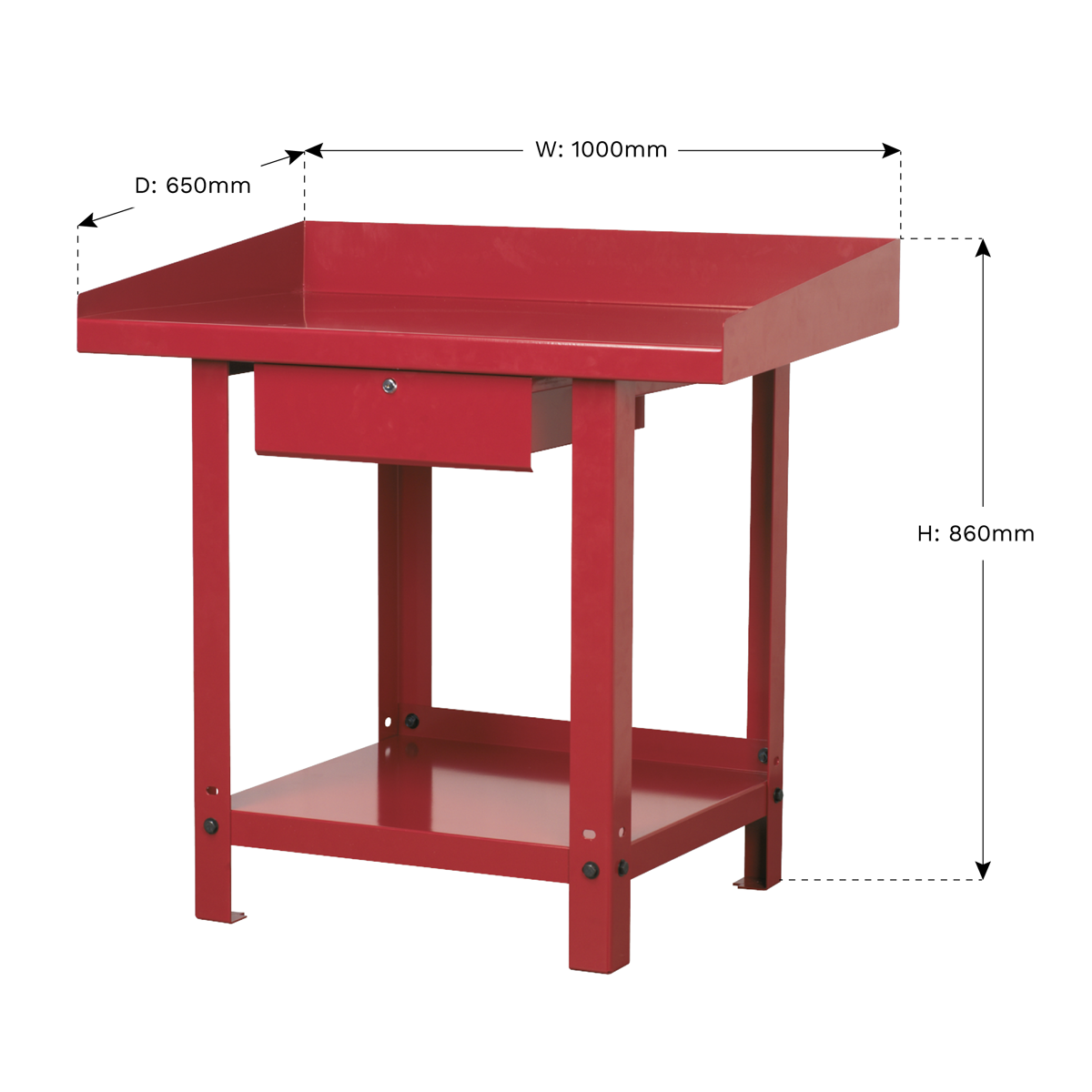 Sealey's Workbench Steel 1m with 1 Drawer - AP1010 features a sturdy red metal design, complete with a lockable drawer and an additional shelf for storage. Dimensions: D: 650mm, W: 1000mm, H: 860mm.