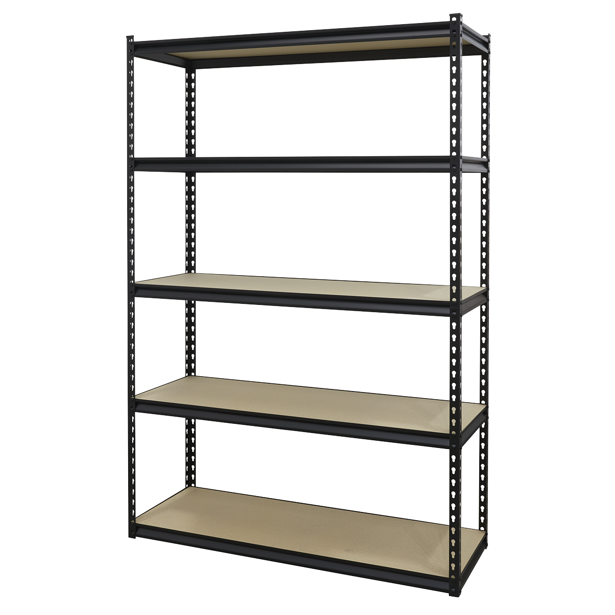 The Sealey Racking Unit with 5 Shelves AP1200R features a black metal frame with beige shelves. It boasts a robust steel construction and a boltless design for easy assembly. Each level can support up to 220kg, making it ideal for storage purposes.