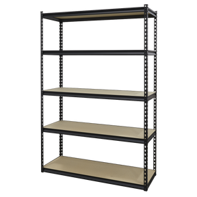 The Sealey Racking Unit with 5 Shelves AP1200R features a black metal frame with beige shelves. It boasts a robust steel construction and a boltless design for easy assembly. Each level can support up to 220kg, making it ideal for storage purposes.