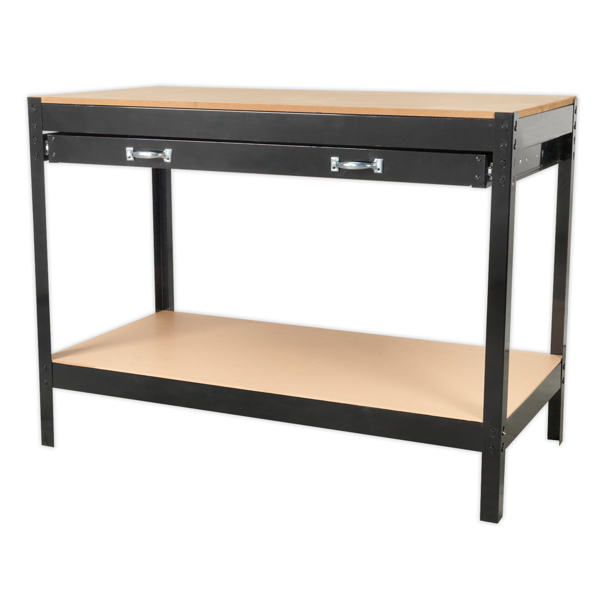 The Sealey Workbench with Drawer 1.2m - AP12160 features a sturdy black metal frame and an MDF worktop, complemented by a large drawer with two silver handles and a lower wooden shelf for additional storage space.