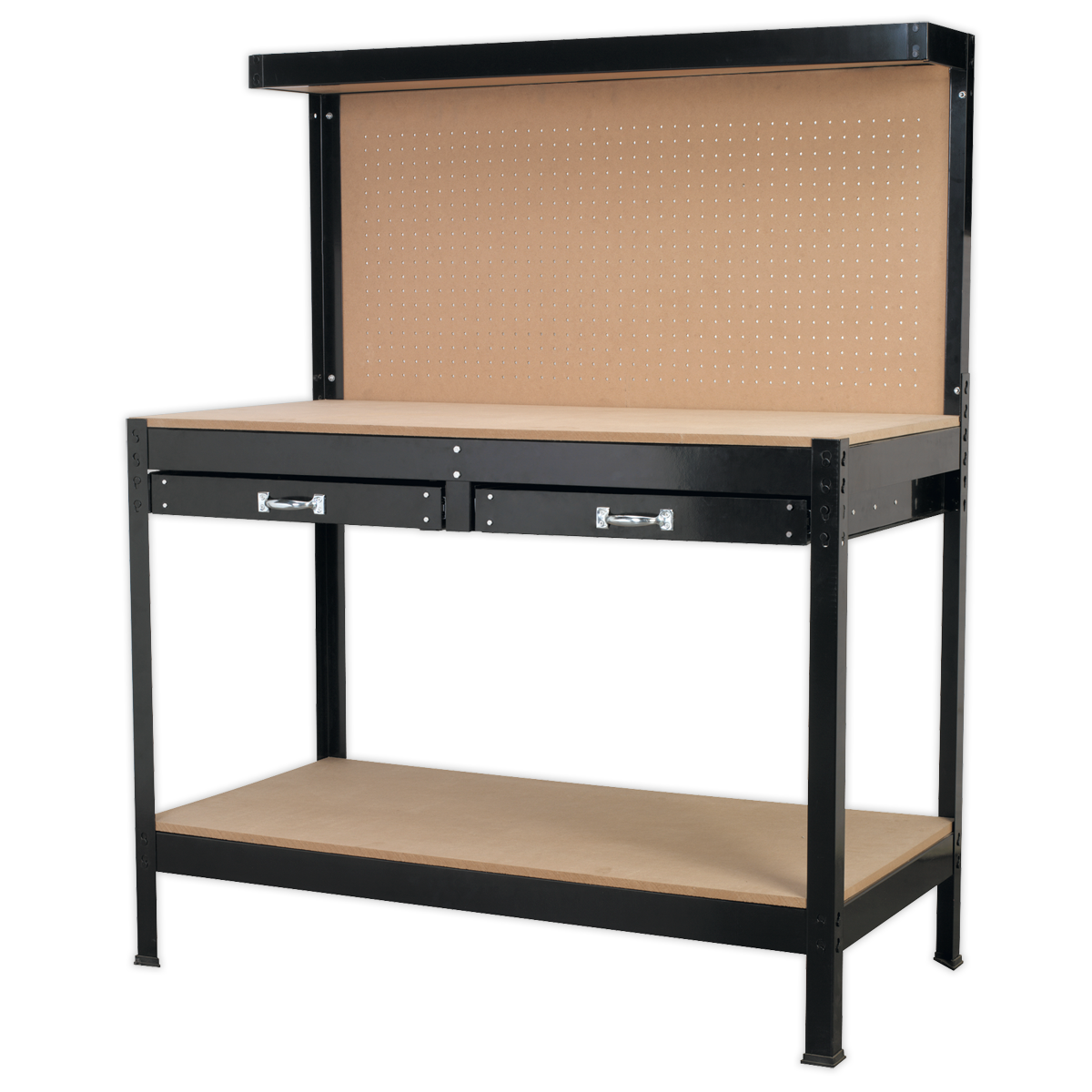 The Sealey Workstation 1.2m with Drawers - AP12600 is a sturdy black metal workbench that features a pegboard rear panel, two drawers with ball-bearing slides, and a lower shelf.